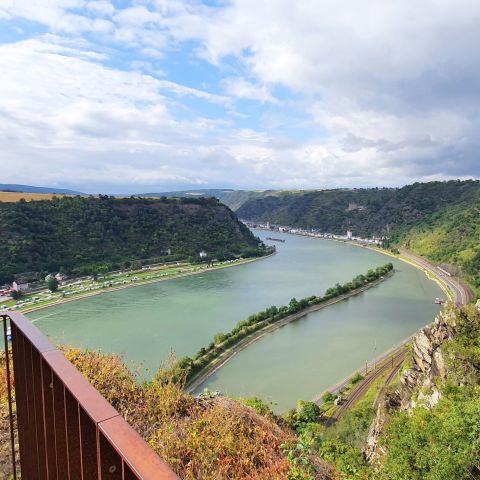 Loreleyplateau Loreley am Mittelrhein mit Blick auf den Loreleyhafen, St. Goar ?quot;An der Loreley" und St. Goarshausen