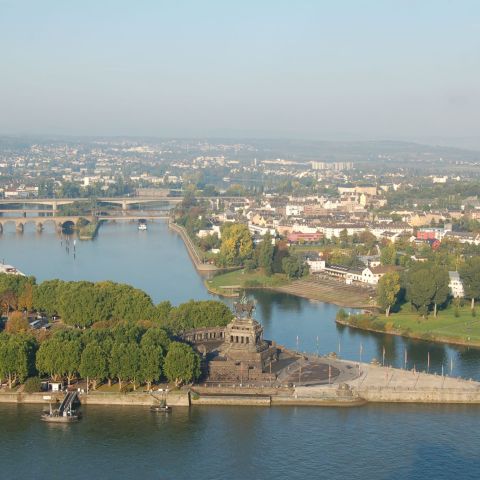 Deutsches Eck, where the Moselle and Rhine rivers converge in Koblenz at the Middle Rhine.