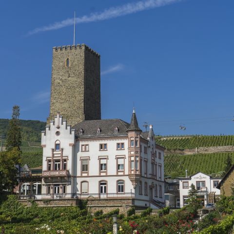  Schloss Boosenburg in R?uuml;desheim am Mittelrhein mit Bergfried der ehemaligen Burg, im Hintergrund die Seilbahn zum Niederwalddenkmal.