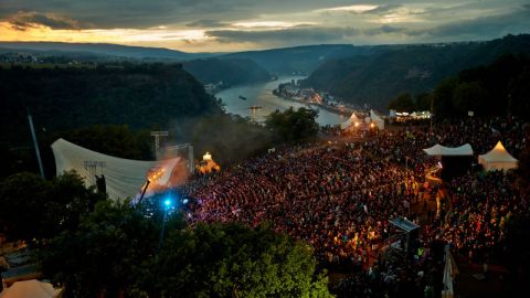 Concert at the Loreley open-air stage at twilight on the Middle Rhine.